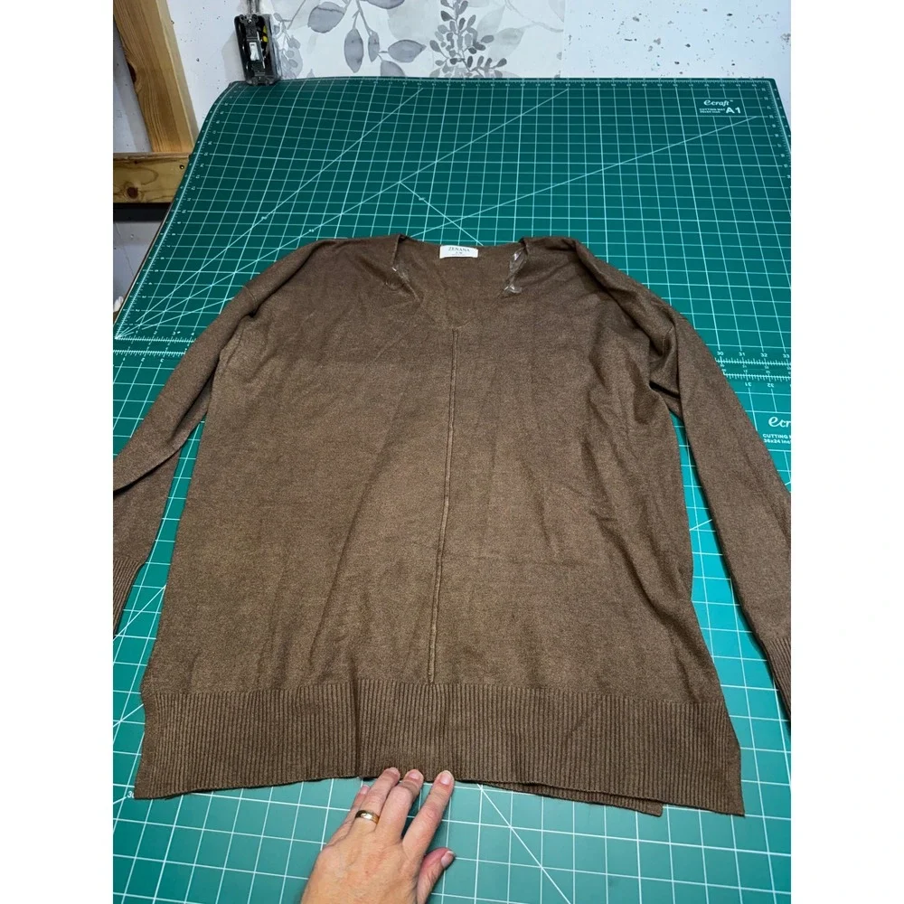 Zenana Brown V-Neck Oversized Knit Sweater Long Sleeve Casual Pullover S/M